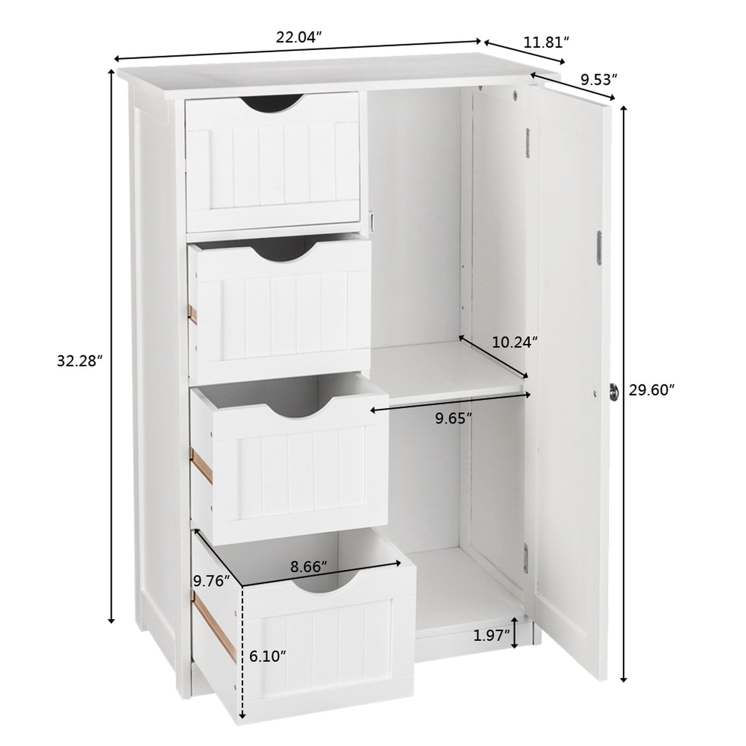 Bathroom Storage Cabinet with 4 Drawers and Single Door, MDF Freestanding Floor Cabinet, Space-Saving Organizer for Bathroom or Any Room