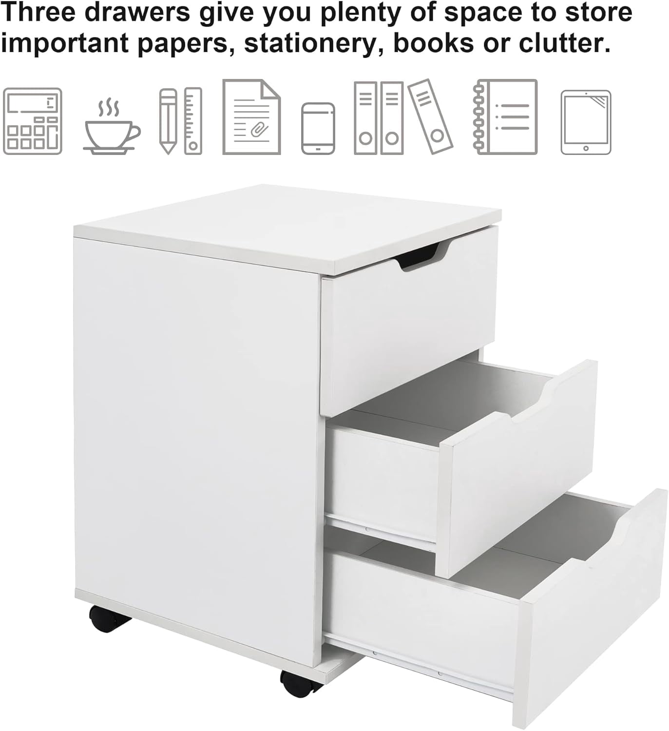 3-Drawer Vertical Filing Cabinet Rolling Wood Mobile File Cabinets Under Desk for Home Office with Casters (White, Non-Assembled)