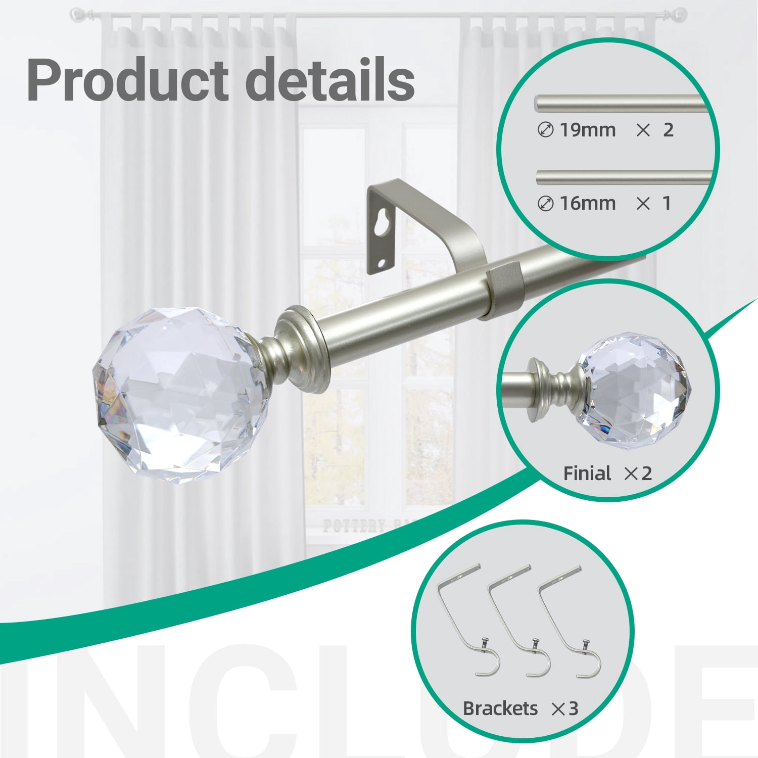 Curtain Rod Champagne Extendable Curtain Rod 48" to 120" Adjustable Curtain Rods Includes rods, ball finials, 3piece brackets, hardware kits