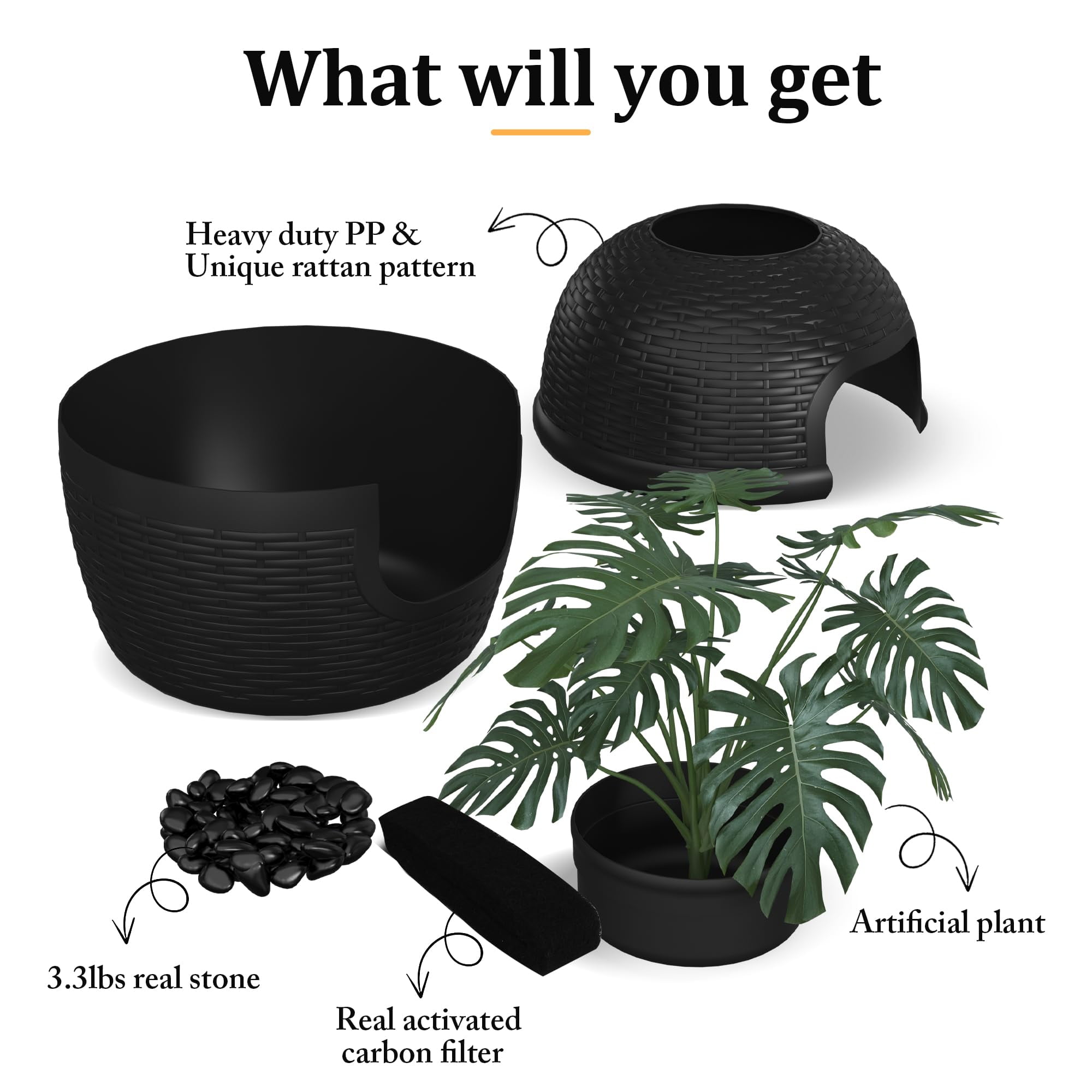 Cat Litter Box Enclosure with Faux Plant & Real Stones, Hidden Litter Box with Odor Control Carbon Filter, Home DIY Decor Furniture for Large Cat, Black