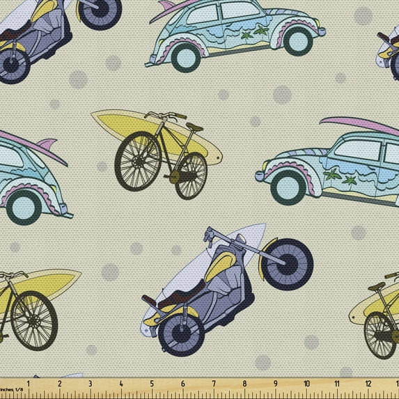 Hawaiian Fabric by the Yard Upholstery, Retro Illustration of Surfboards on Cars Bicycles Motorcycles, Decorative Fabric for DIY and Home Accents, 10 Yards, Grey Yellow Multicolor by Ambesonne