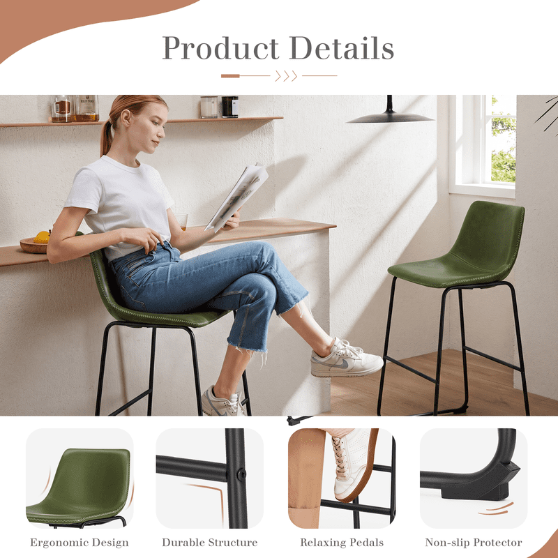 Gianna Counter Height Bar Stools Set of 2, Modern Faux Leather High Barstools with Back and Metal Leg, Bar Chairs for Kitchen Island, Green