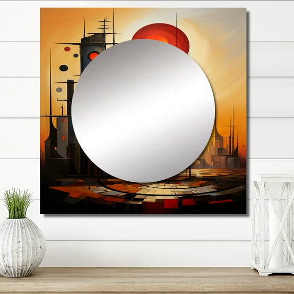 Designart "Contemporary Cubic Factory" Factories Square Mirror For Wall Decor - Large Beige Square Printed Wall Mirror Art - Square Industrial Mirror - Wall Mounted Square Large Mirror