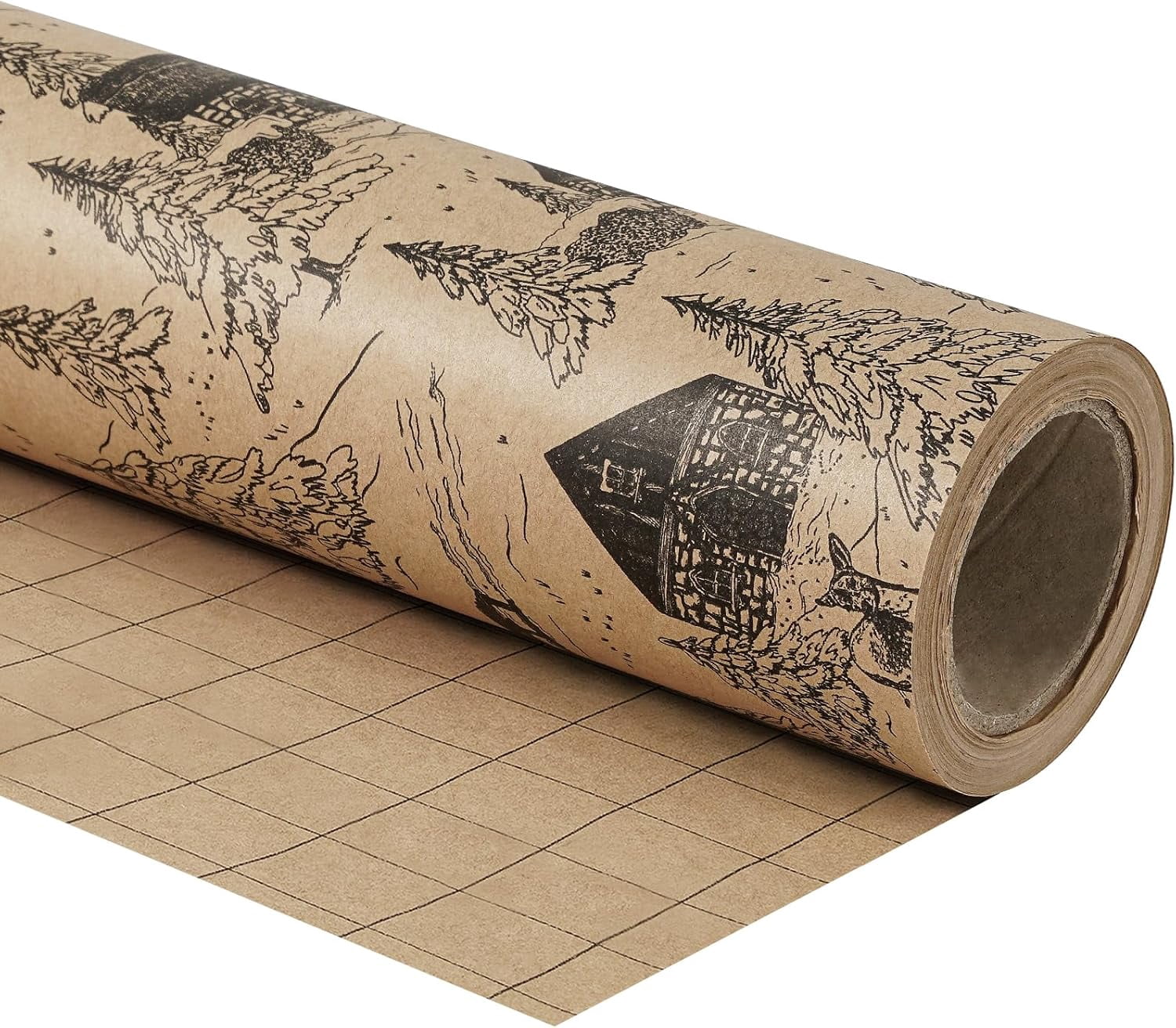 Kraft Christmas Wrapping Paper Roll, Mini Roll, Vintage Black Winter Cabin and Forest Scene Design, Rustic Holiday Gift Wrap for Women, Men, Xmas Gifts, Winter Party, 17 Inches x 16.4 Feet