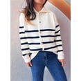 thumbnail image 5 of Women Long Sleeve Color Block Sweaters Striped Tops Button Down Open Front Knit Cardigan Coat Jackets White L, 5 of 9