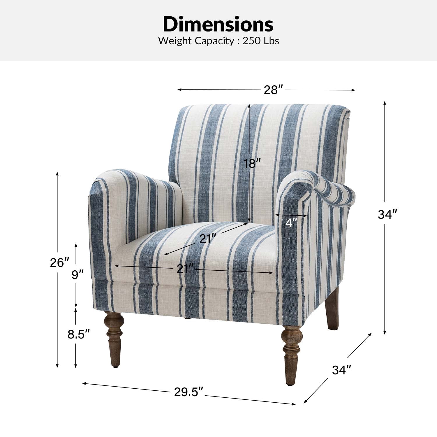 Stripe Armchair Upholstered Wooden Legs Accent Chair for Living Room Bedroom Adults Navy Stripe