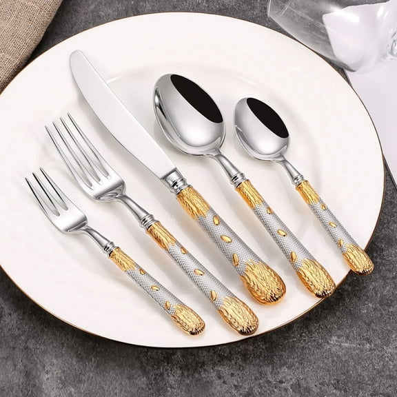 ELiTA Essentials 20-Piece 18/10 Stainless Steel Flatware Set, Gold and Silver Wheat Ear Design Silverware, Service for 4