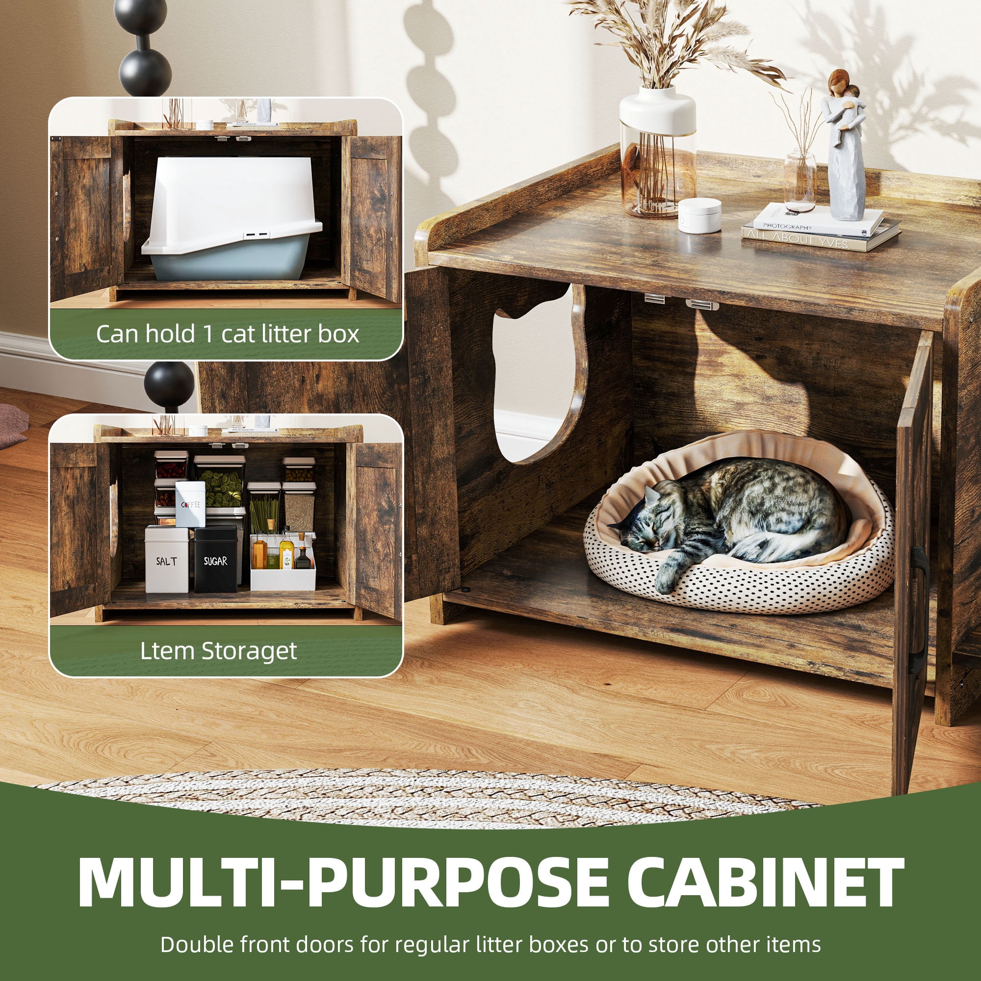 Uforic 27" Cat Litter Box Enclosure, Wooden Cat House Furniture with Scratching Posts & Plush Cushion, Rustic Brown
