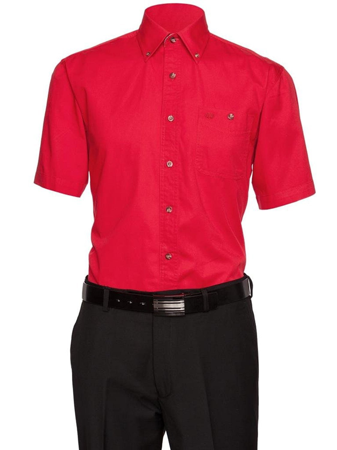 mens red button down shirt with blue pants