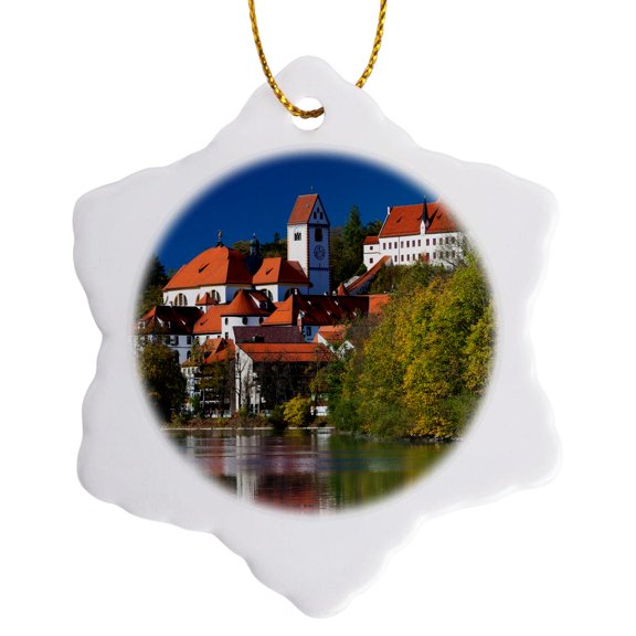 3drose, Germany, Fussen, St. Mang Abbey and the Hohes Schloss Castle, 3 inch Snowflake Porcelain Ornament