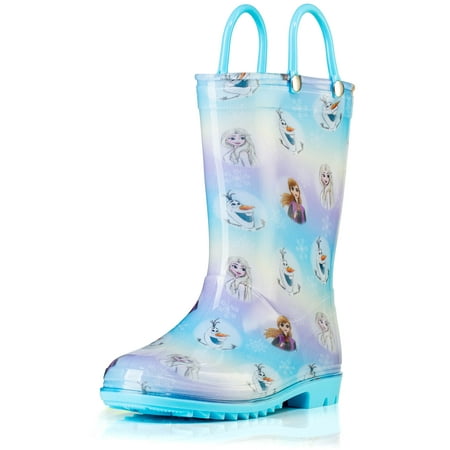 

Disney Frozen 2 Girls Anna Elsa and Olaf Pink PVC Waterproof Licensed Rain Boots Easy-On Handles - Size 1 Little Kid