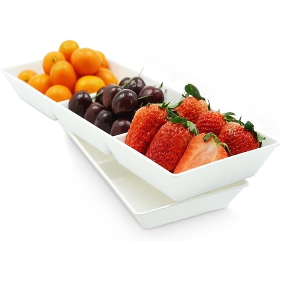Divided Serving Tray Platter, 2 Pack 15" x 5" Fruit Veggie  Tray for Party, Plastic Serving Trays for Appetizer, Snack, Dessert, Cookie, Brunch Decorations Platters, White Trays