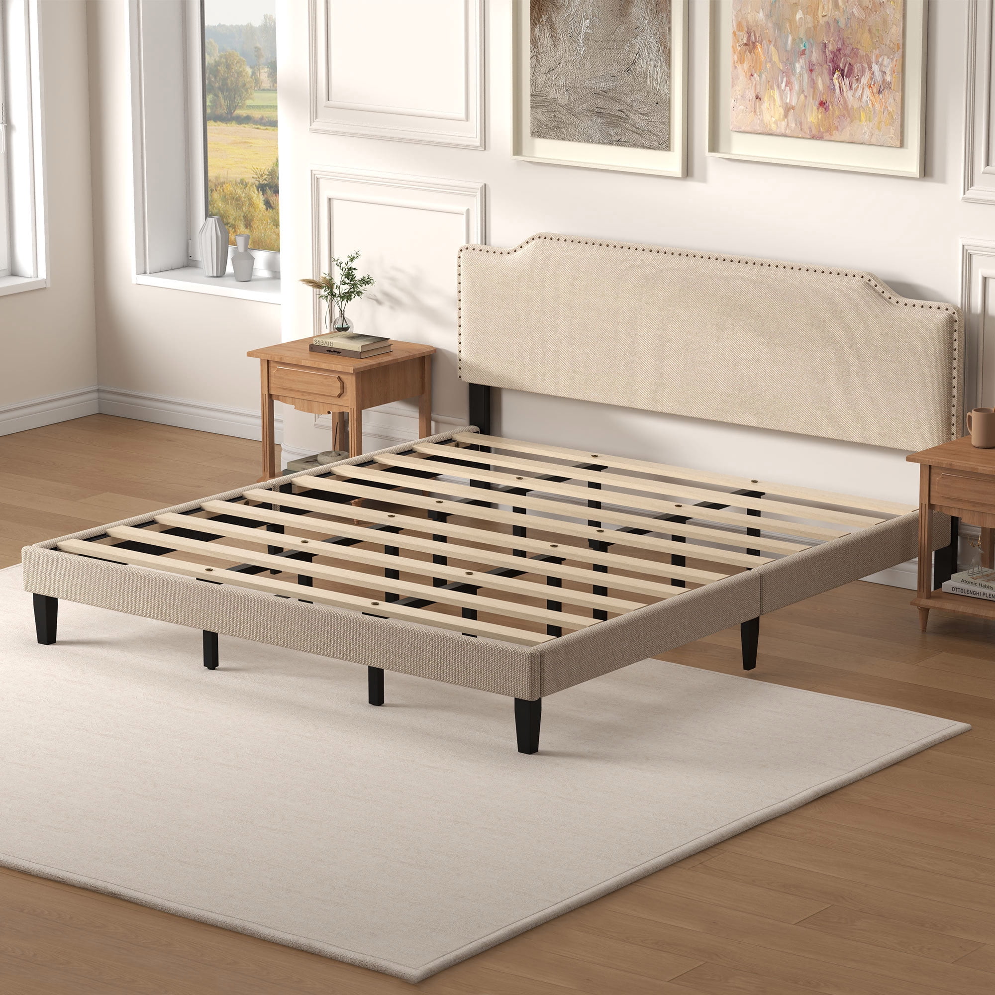 Pingliang Home King Size Bed Frame with Adjustable Headboard, Rivet Decoration Upholstered Headboard, Easy to Assemble, Noise Free,Beige
