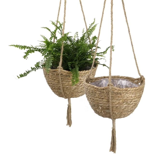 Maceta colgante multiusos, juego de 2, material de yute y algas marinas naturales para una decoración interior y exterior resistente y flexible
