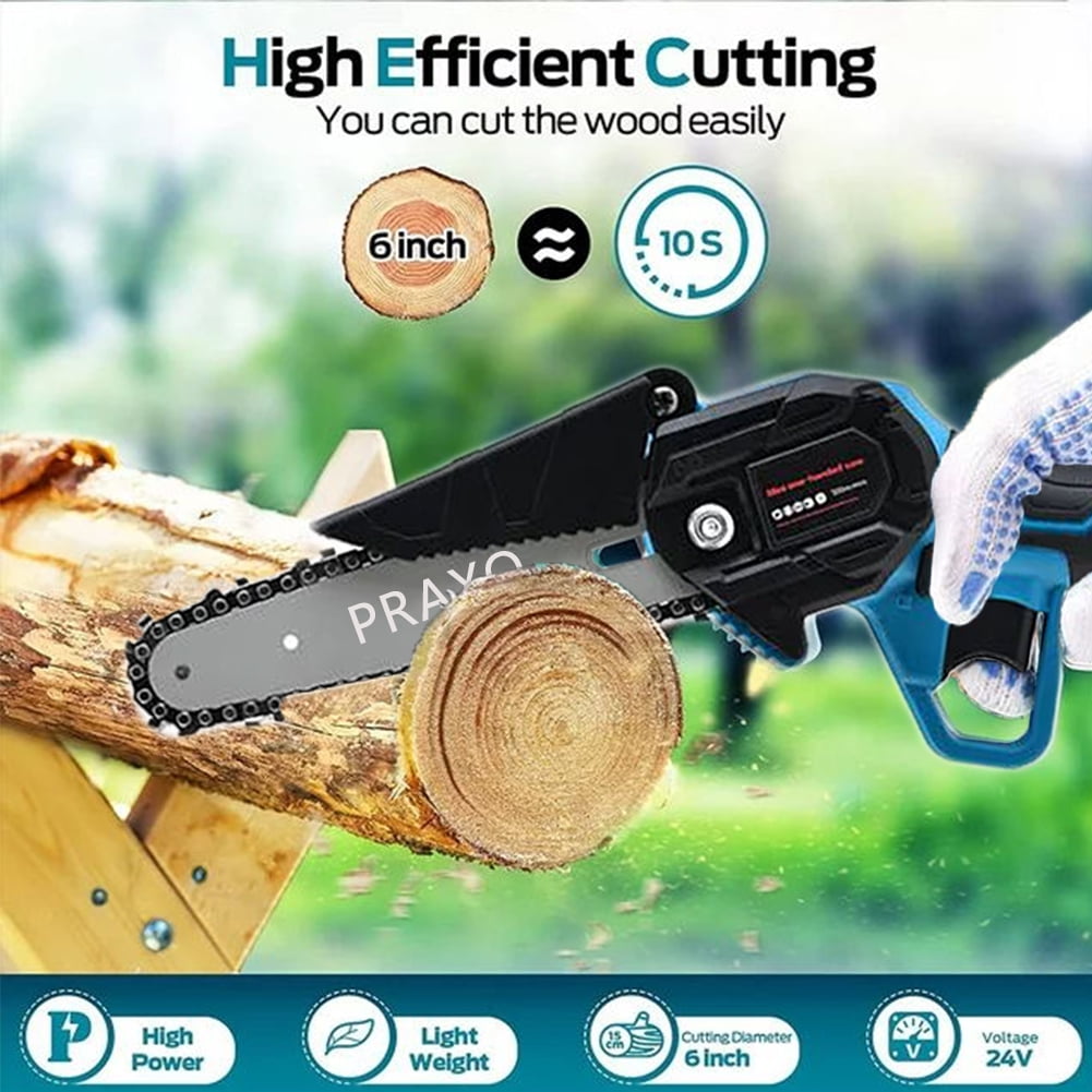 PRAXO 6" Mini Chainsaw Cordless with 2 Batteries 2 Chains, 6-inch Battery Powered Chain Saws Handheld Electric ChainSaw Cordless Battery Chainsaw Wood Cutter