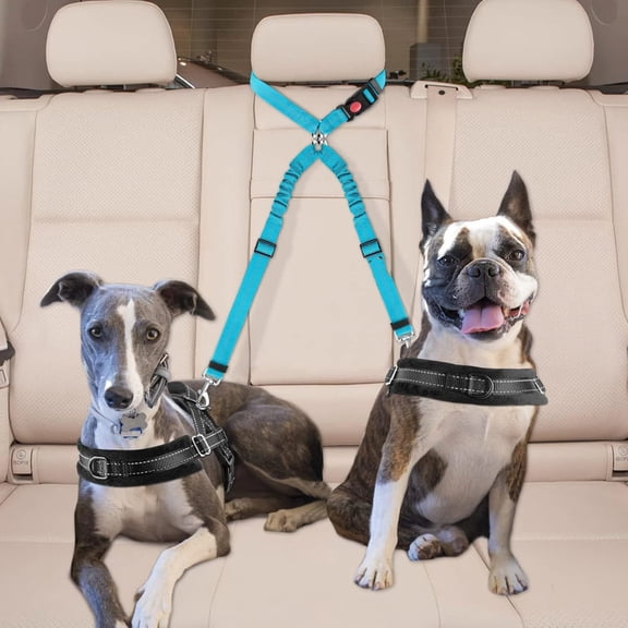 2pcs Double Dog Seat Belt, New Dual Pet Car Headrest Restraint Safety Seatbelt No Tangle Dog Leash Duty Adjust Elastic Bungee Puppy Lead Splitter Connect Harness in Vehicle Travel for 2 Dogs