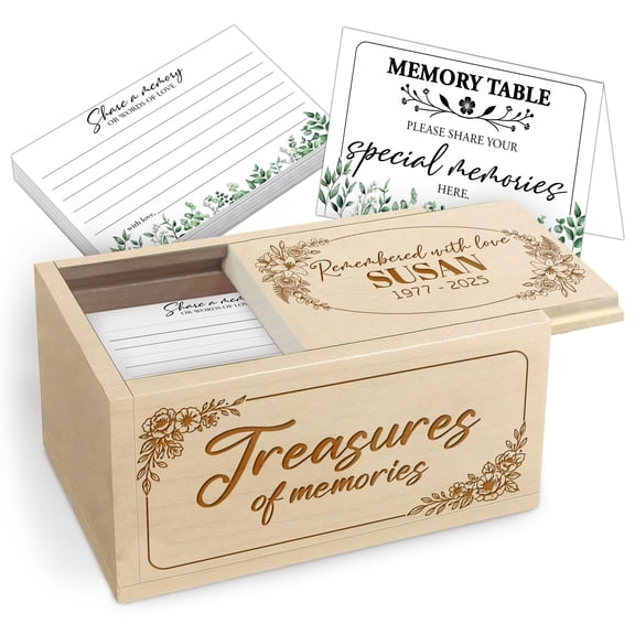 Personalized Wooden Memorial Memory Box with Custom Name and Years – Keepsake Box with 120 Cards and Table Sign for Celebration of Life or Funeral Service