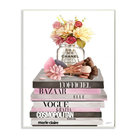 Stupell Industries Floral Jar and Brushes Glam Fashion Book Pile Design by Ziwei Li