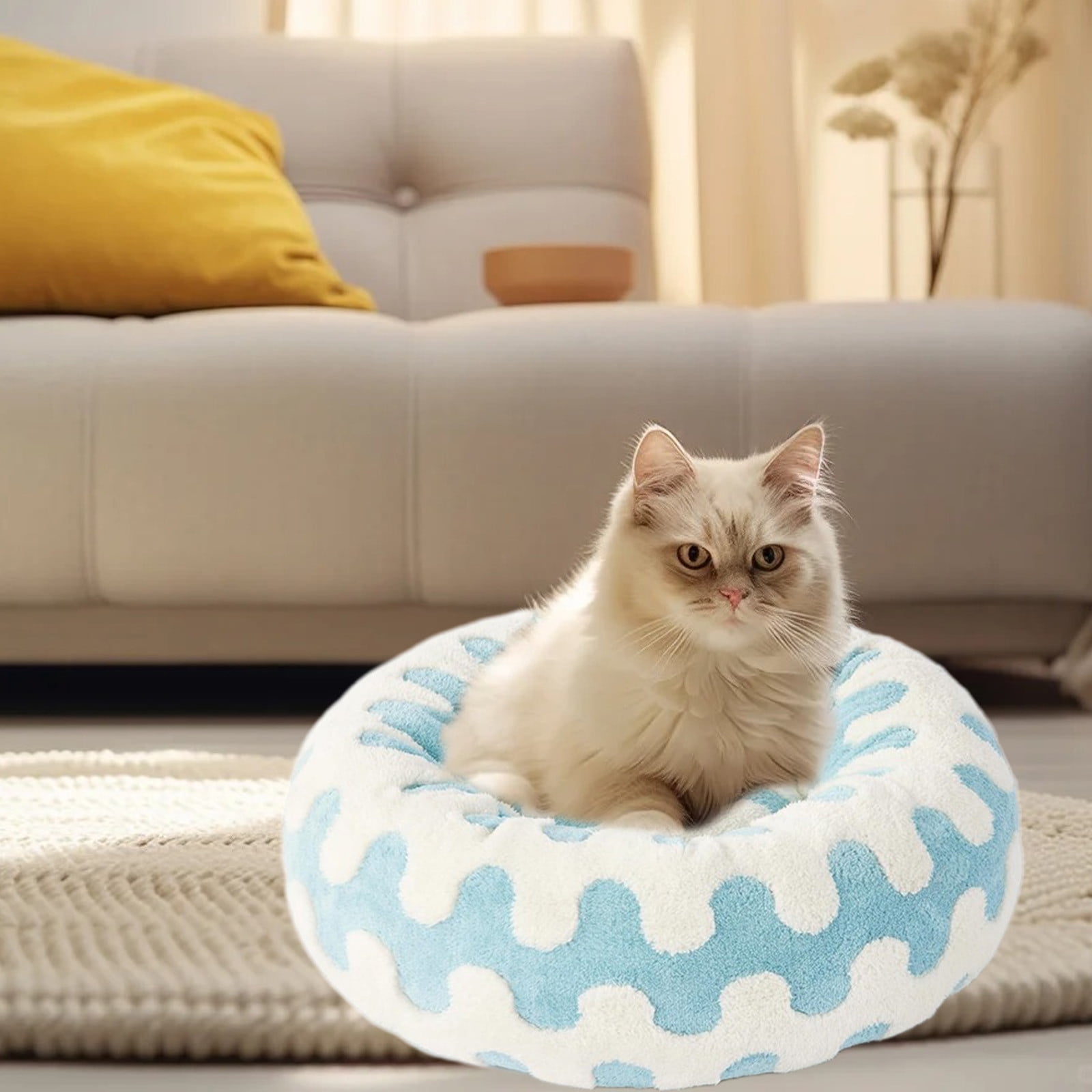 Donut Small Dog Bed - Round Cat Beds for Indoor Cats Calming Pet Beds, Cute Modern Beds with Jacquard Shaggy Plush & Anti Slip Bottom, 15.7 Inch Dia