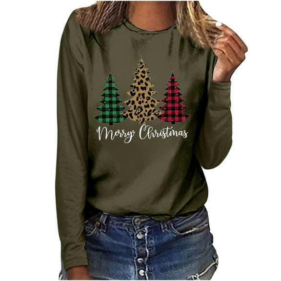Patlollav Christmas Tops for Ladies Deals,Women's Tops Clearance Plaid Casual Long Sleeve T-Shirt Gift