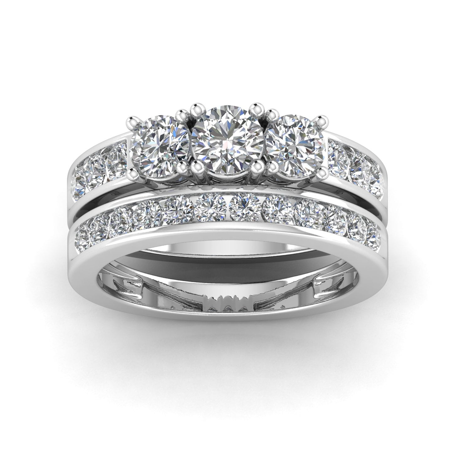 1.50 Carat TW Round Natural Diamond Three Stone Bridal Set Engagement Ring in 10k White Gold (G-H, I1-I2)