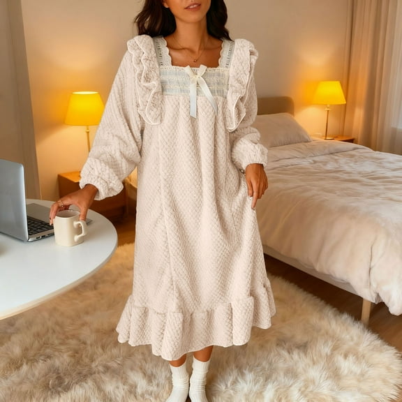 FDGIU Women's Long Sleeve Flannel Nightgown - Knee Length Sleepwear with Ruffle & Lace Trim, Cozy Winter Loungewear