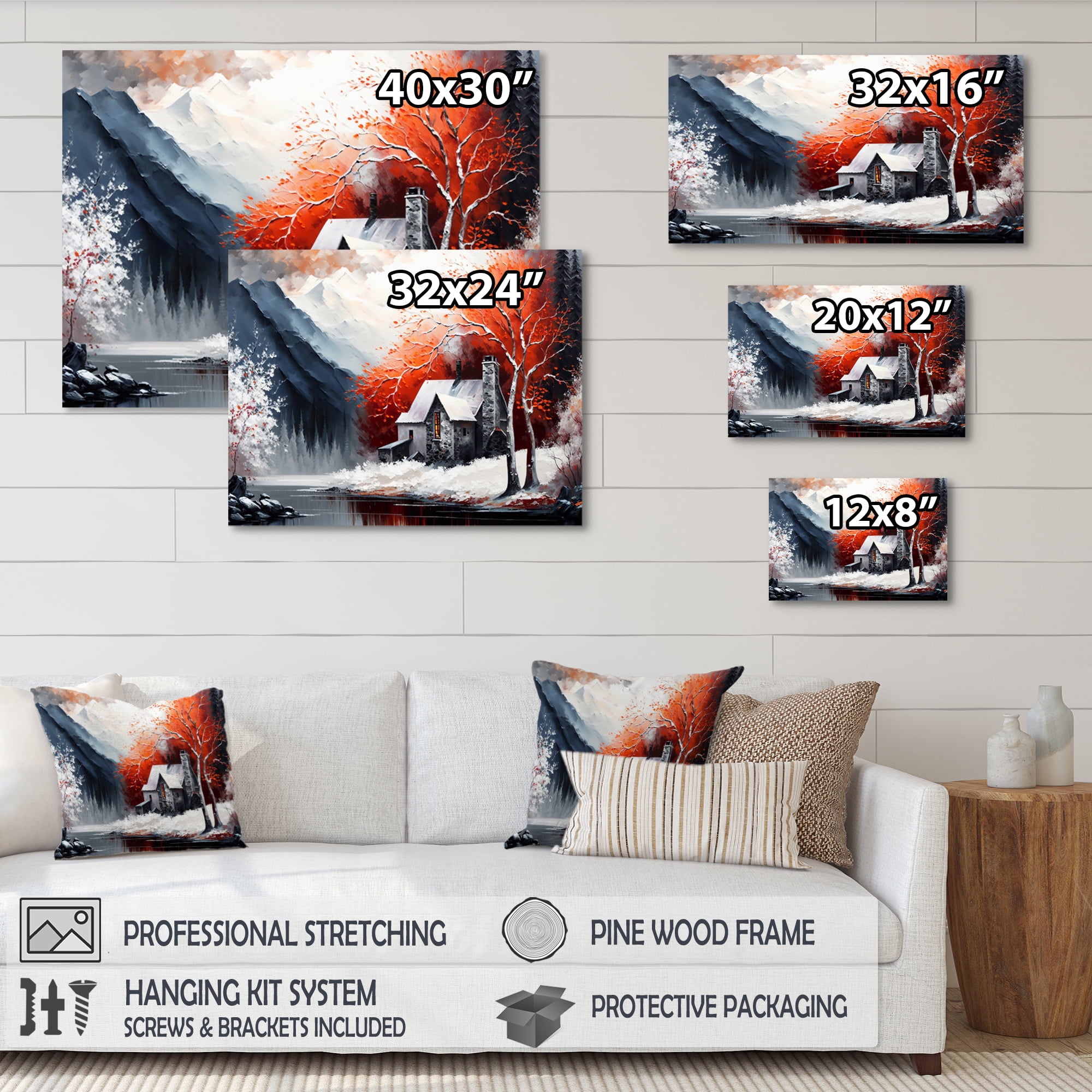 Designart Monochrome Orange Cottage In Winter X Canvas Wall Art