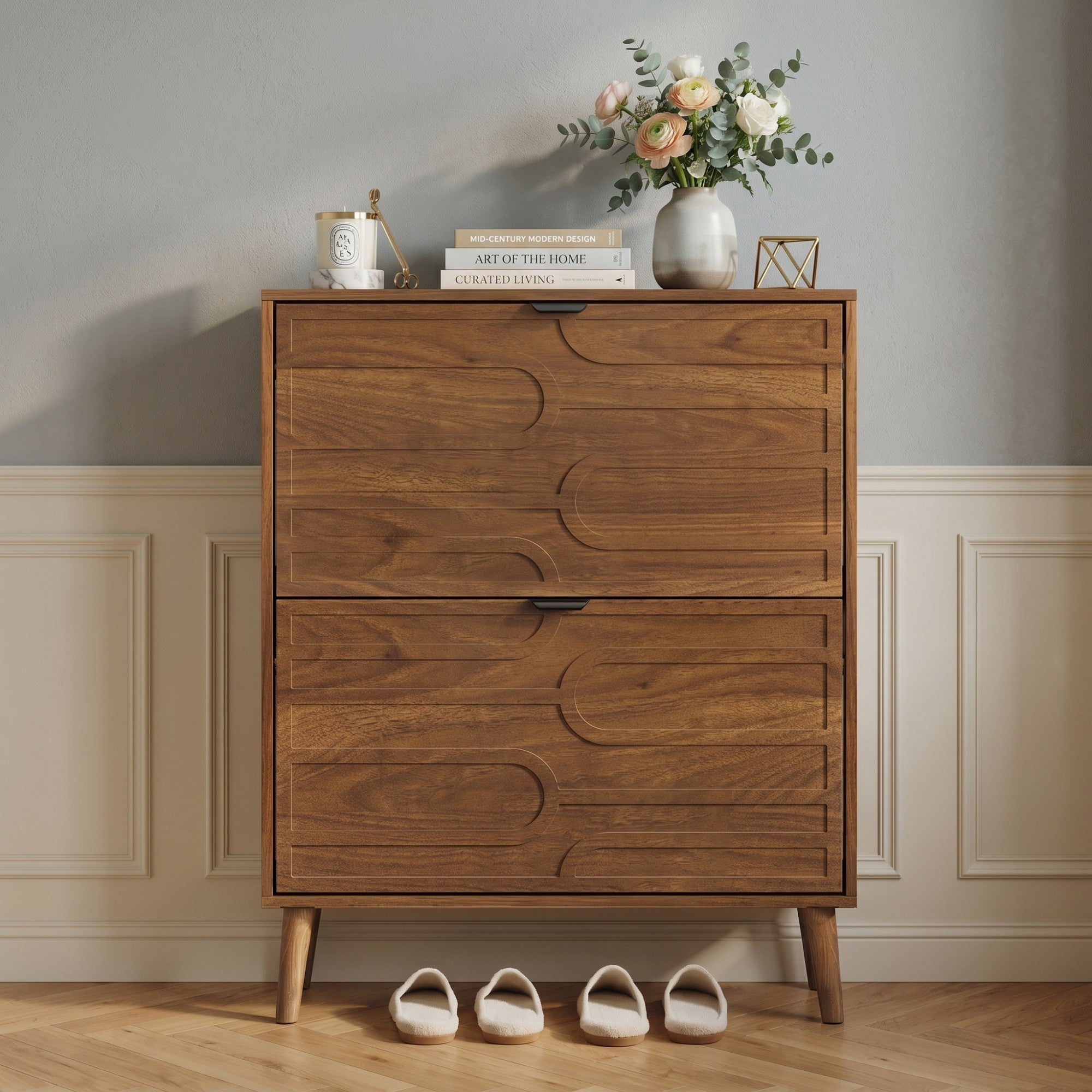 Sailvan 31.5" Mid-Century Modern Independent Shoe Cabinet, Fence Style with 2 Flip Drawers