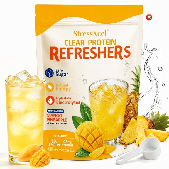 StressXcel Clear Protein Refreshers, Mango Pineapple Flavor Clear Whey Collagen Protein Powder