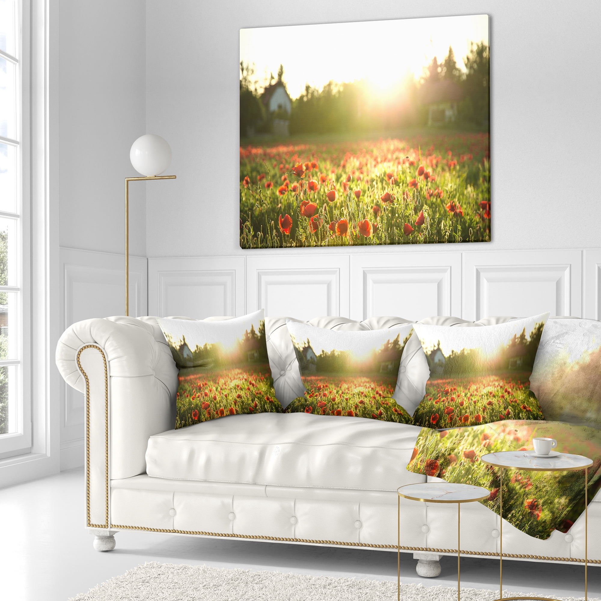 Designart Poppy Field under Bright Sunlight - Landscape Printed Throw Pillow - 16x16