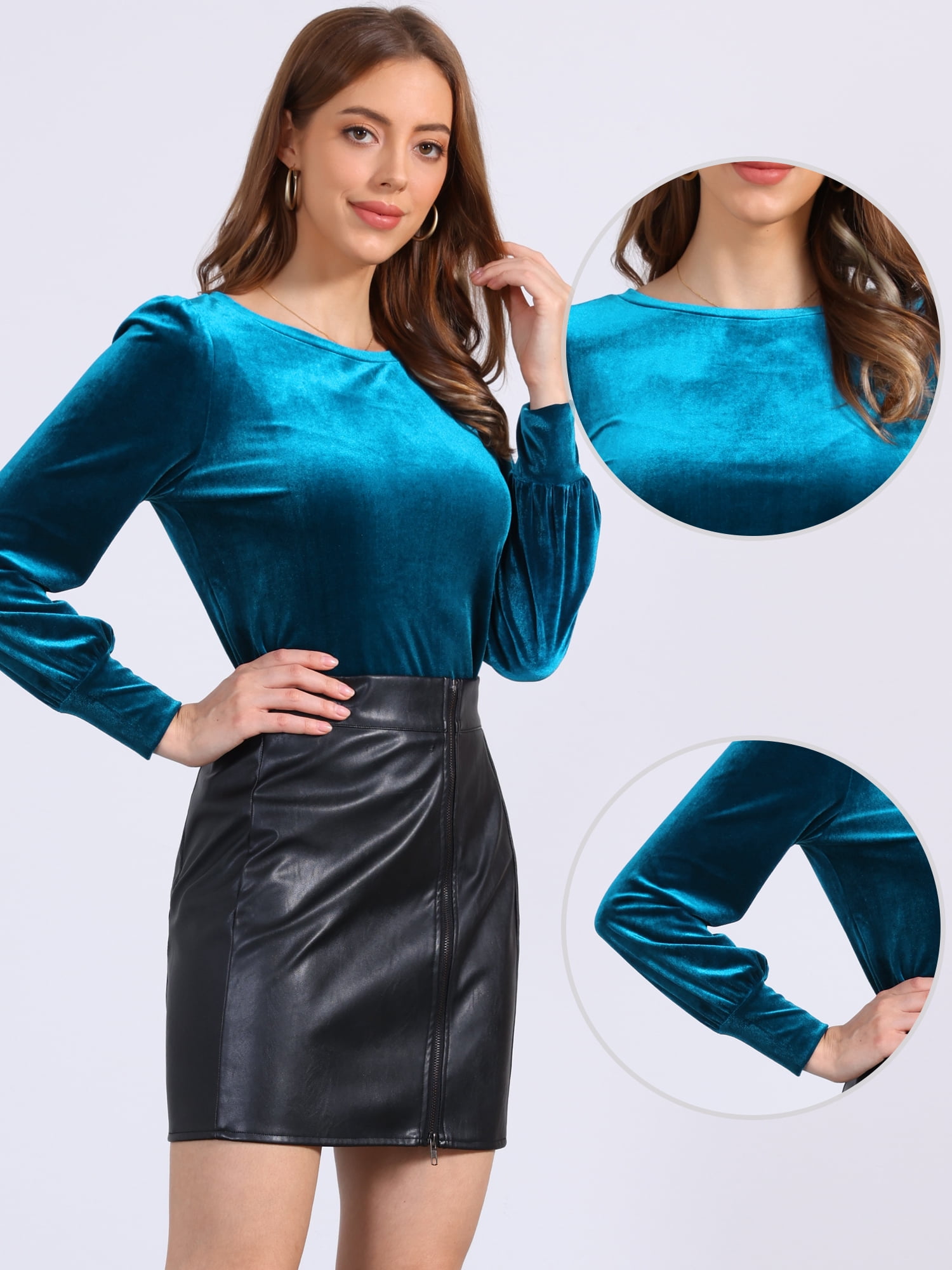 DARING DIVA Women's Velvet Crew Neck Puff Long Sleeve Blouses XL Peacock Blue