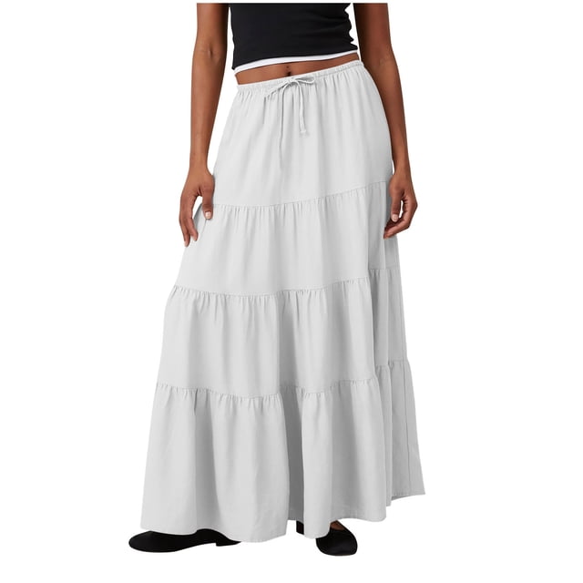 Besolor Maxi Skirt for Women Elastic Waist Drawstring Ruffle Tiered A-Line Summer Beach Boho Flowy Long Skirts