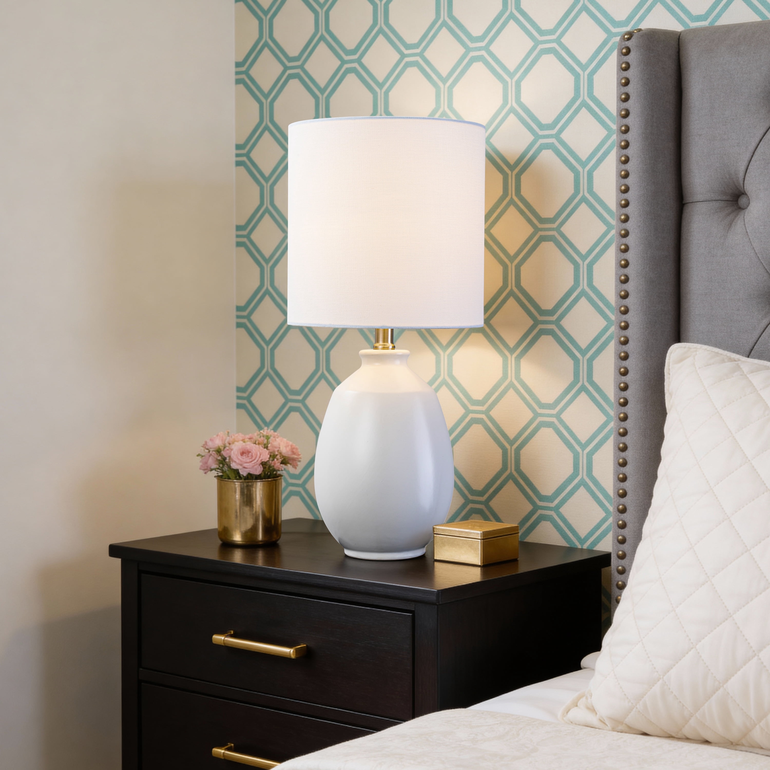 C Cattleya 19in. White Glossy Ceramic Table Lamp with White Linen Shade and Brushed Nickel Lamp Neck