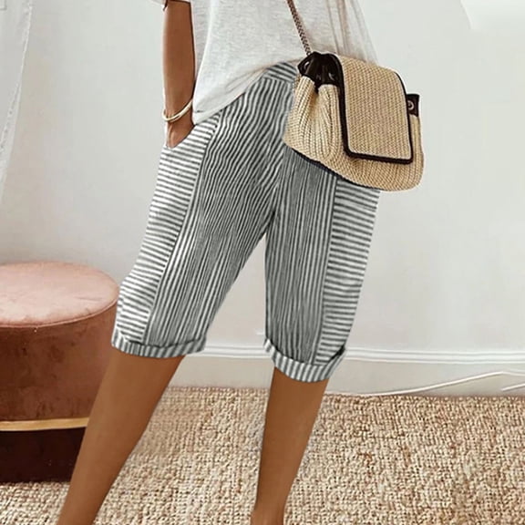 Aboser Fashion Striped Bermuda Shorts for Women Petite Knee Length Shorts Casual High Waist Shorts Summer Lightweight Loose Shorts