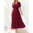 thumbnail image 2 of Burgundy V-Neck Short Sleeve Tiered Maxi Dress With Floral Embossing, 2 of 27