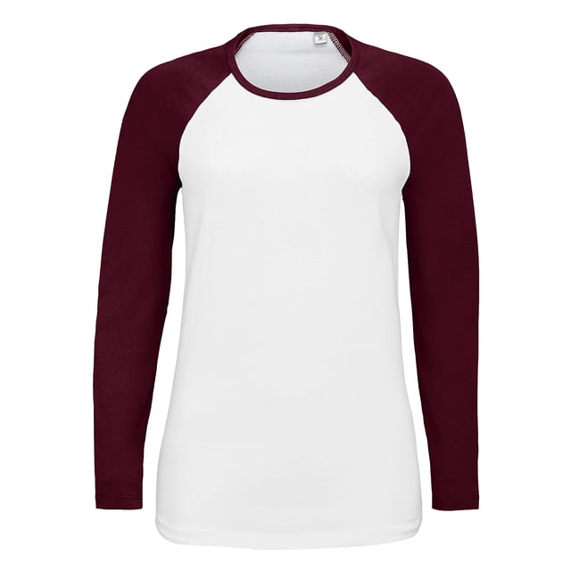 SOLS - Camiseta manga larga ranglán modelo Milky para mujer señora (Blanco/Burdeos)