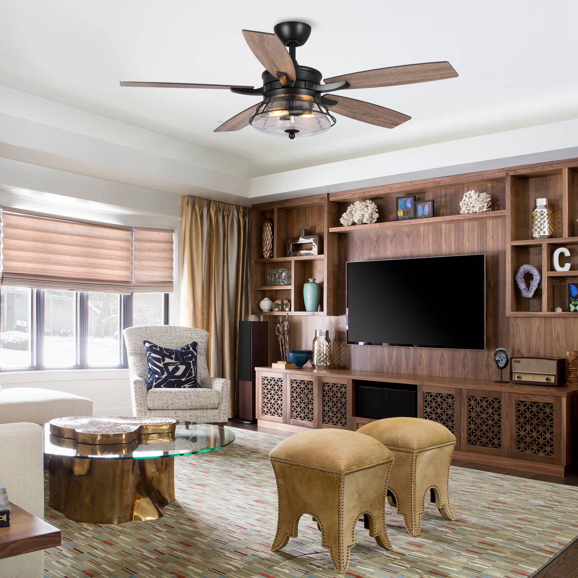 Parrot Uncle 52" Rustic Black Caged Ceiling Fan with Lights and Remote Control, Glass Shade Chandelier Ceiling Fan