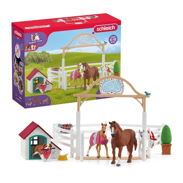 Schleich Horse Club - Juego de caballos invitados de Hannah Juego de juguetes de establo de caballos de 20 piezas que incluye muñeca de Mare Foal Hannah y estatuilla de perro Juguetes de caballo para