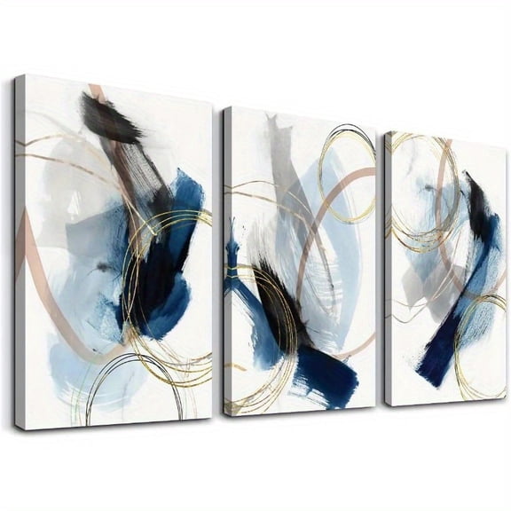 3pcs Modern Abstract Canvas Wall Art Set - Colorful Graffiti on White Background, Frameless, Vibrant Blue, Golden & Black Swirls, Perfect for Living Room, Bedroom, or Kitchen Decor, Living Room Artw