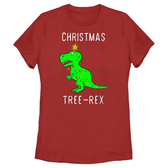 Women's Lost Gods Christmas Tree-Rex  Graphic Tee Red Small