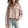 thumbnail image 2 of Boho Striped Button Down Shirt for Women, Vintage Long Sleeve Puff Sleeve Blouse, Oversized Loose Fit Casual Tops, Fall Fashion Tunic Hot Pink S, 2 of 5