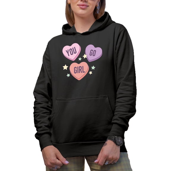 You Go Girl, 90s Inspired Candy Heart Encouragement for a Friend Merch Gift, Black Hooded Sweatshirt or Hoodie, Small