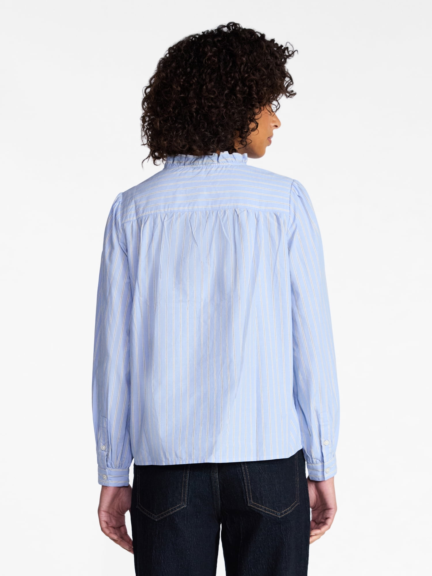 Time and Tru Women's Long Sleeve Ruffle Neck Button Down Top, Sizes XS-XXXL