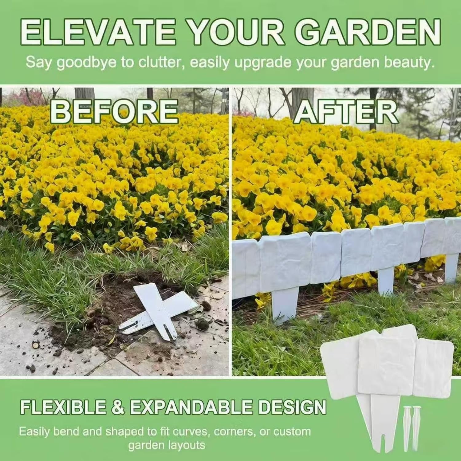 2026 New Plastic Garden Retaining Fence, Stone-Look Lawn Edging Border, No Dig Interlocking Lawn Stakes for Flower Bed, Decorative Outdoor Garden Border Fence for Patio Yard (Gray, 20 Pcs)