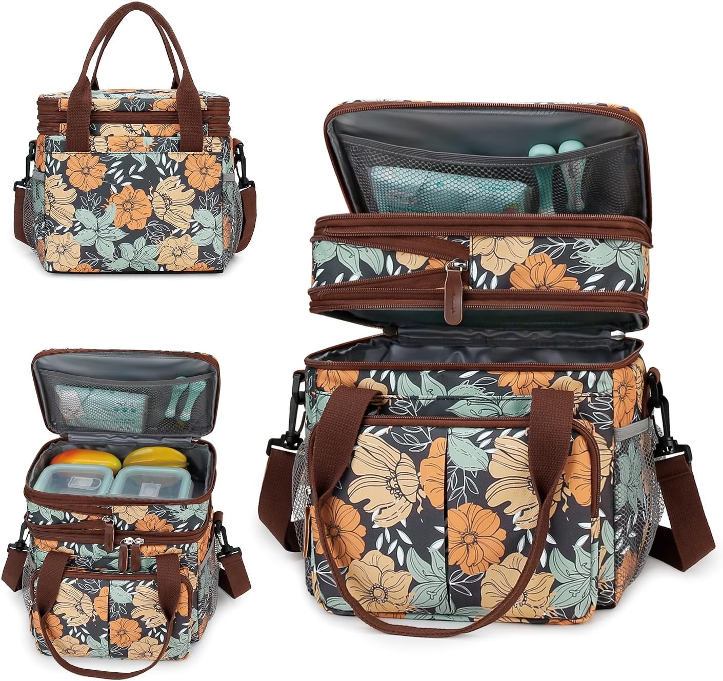 Lunch Bag Insulated Expandable Lunch Box for Women - Reusable Adults Floral Lunch Tote Bag Lunch Box for Office Work Picnic (Yellow Flower)