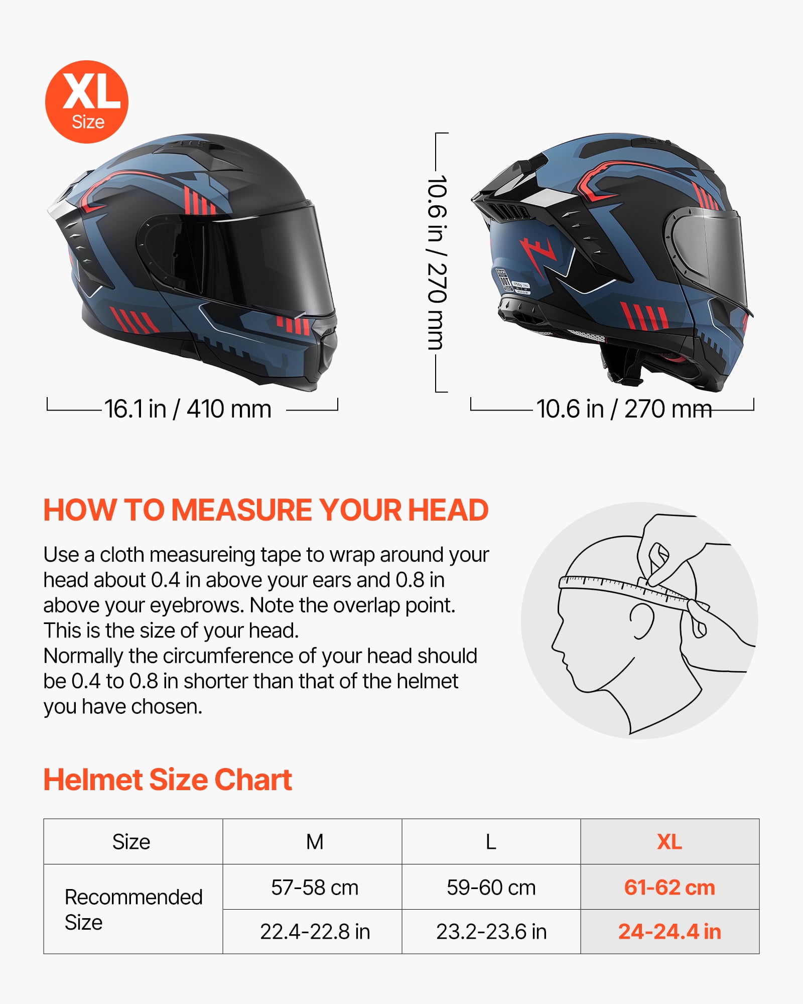 VEVOR Modular Motorcycle Helmet, Flip up Full Face Helmet with Dual Visor, Lightweight Comfortable Adult Motocross Street Bike Helmet for Men and Women - DOT & ECE Approved (XL Size)