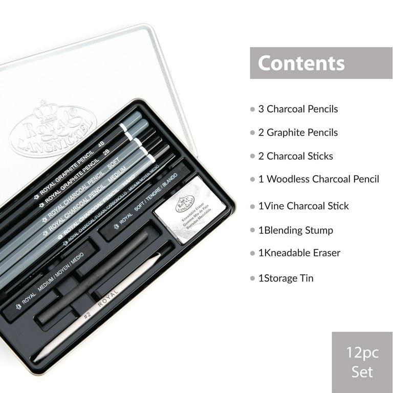 Royal & Langnickel Essentials - 12pc Charcoal Sketching Pencil Set with  Small Tin 