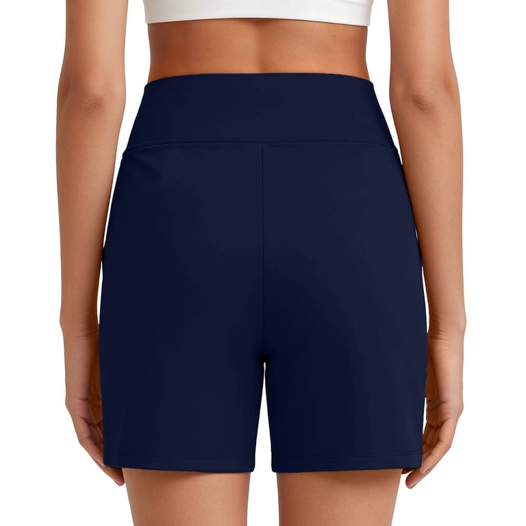 ladies navy dress shorts HDE Women's Chino High Waisted Summer Dress Shorts, Navy Blue L
