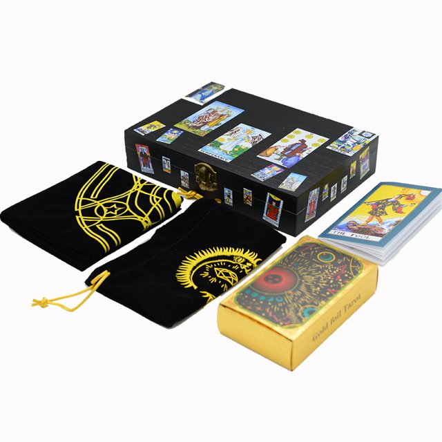 Juego de cartas de tarot con caja de madera gris, bolsa de mantel, juego de mesa impermeable de lámina dorada