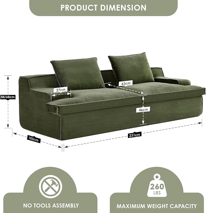 US Pride Oversized Full Foam 4 Seater Couch for Living Room Upholstered in Soft Corduroy Fabric